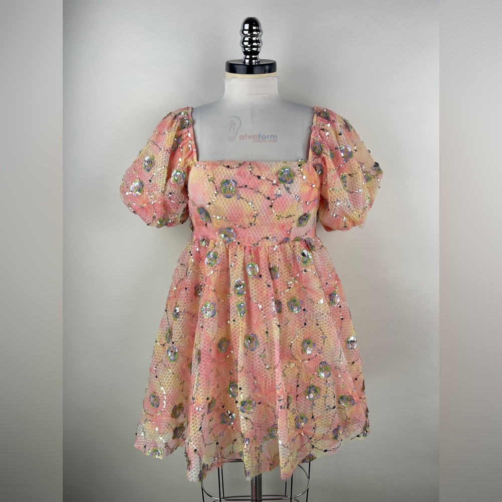 💚 3155. Baby Doll Puff Sleeve Sequins Dress